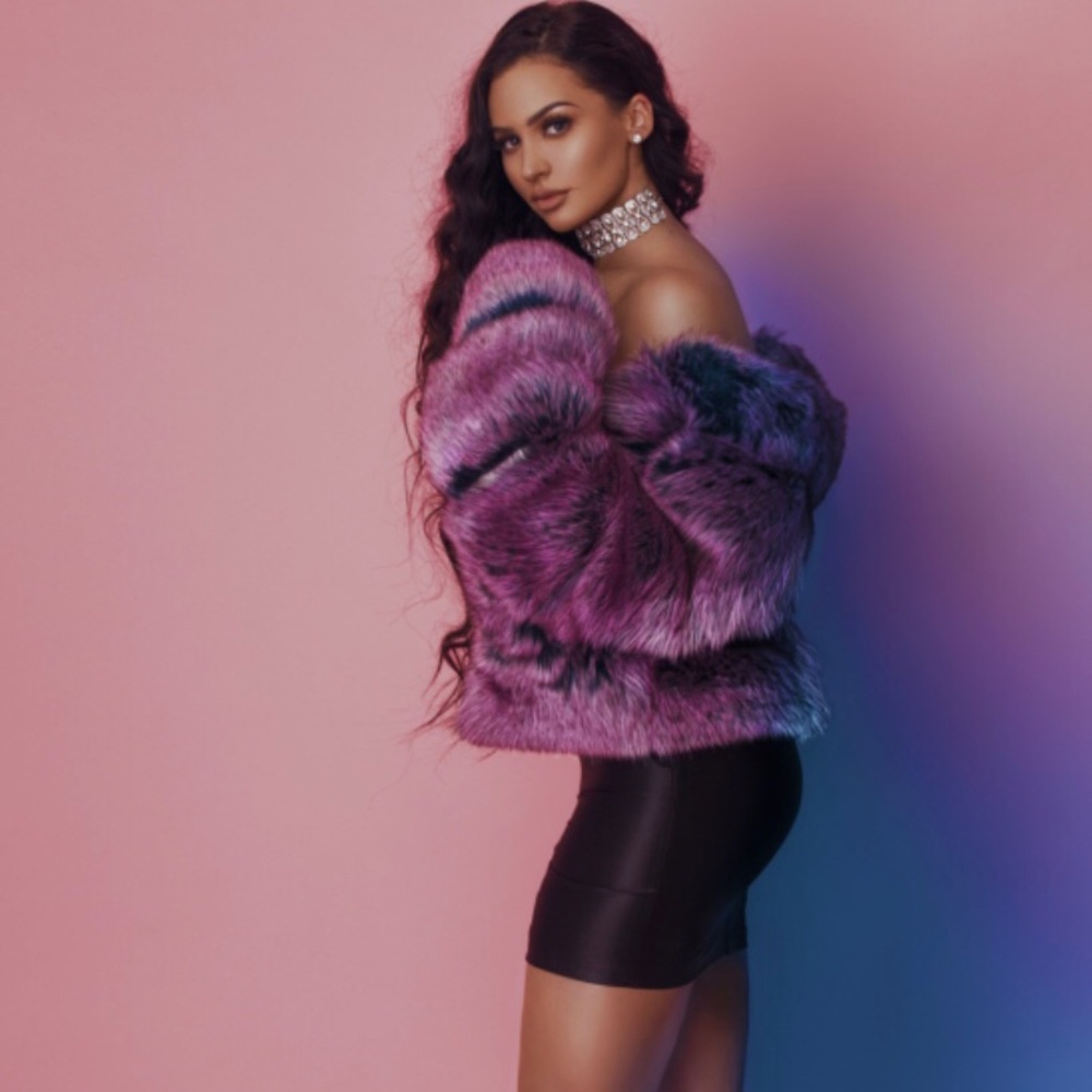 Carli Bybel x Missguided purple faux fur coat
